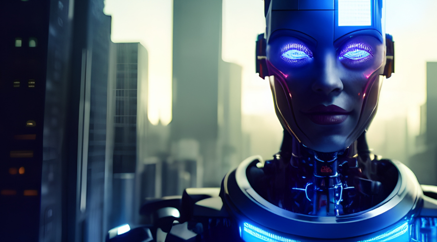 Assistente de Inteligência Artificial para T&D — robô futurístico com olhos brilhantes